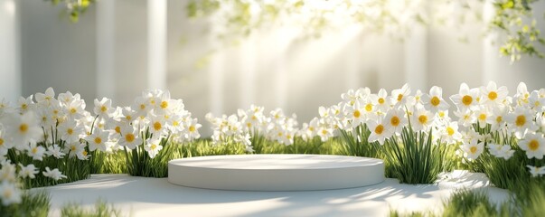 White podium with daffodils arranged in a meadow, captured in a 3D render, evoking feelings of freshness, natural beauty, and elegance, Generative AI