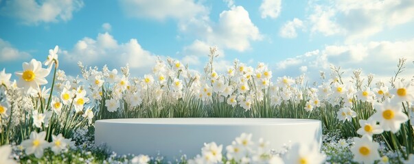 White podium with daffodils arranged in a meadow, captured in a 3D render, evoking feelings of freshness, natural beauty, and elegance, Generative AI