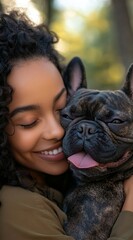 Selfie of a happy black mixed-race woman cuddling her French Bulldog outdoors in the park on a dog walk in nature. African American teenage girl hugging her French Bulldog during, Generative AI