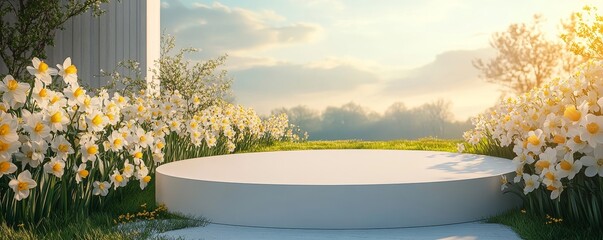 White podium with daffodils arranged in a meadow, captured in a 3D render, evoking feelings of freshness, natural beauty, and elegance, Generative AI