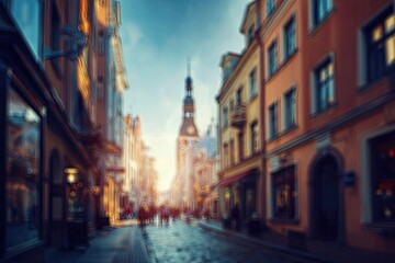 Fototapeta premium Blurry cityscape street scene at sunset
