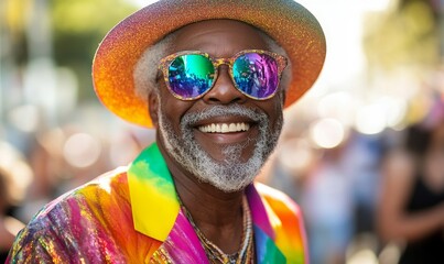 Happy senior gay black man celebrating at a Pride parade surrounded by a crowd of queer individuals. Smiling elderly LGBTQ+ African American male pensioner wearing eclectic, Generative AI