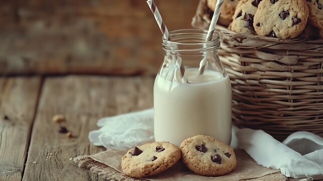 Drinking milk from straw glass old bottle with cookies