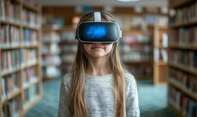Schoolgirl with VR headset using AI technology and machine learning. Interactive educational technology fostering innovation and smart tech, with an AI blue hologram of the world, Generative AI