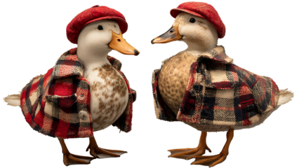  Two cute ducks dressed in plaid coats and scarves, with a transparent background 