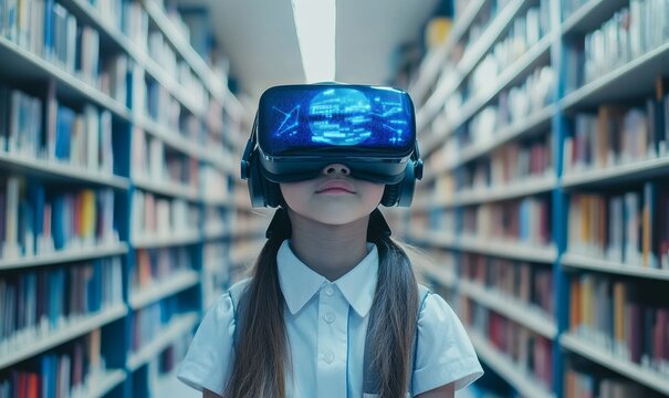 Schoolgirl with VR headset using AI technology and machine learning. Interactive educational technology fostering innovation and smart tech, with an AI blue hologram of the world, Generative AI