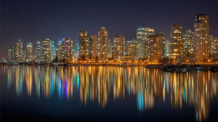 Fototapeta premium City skyline at night, reflected in water (1)