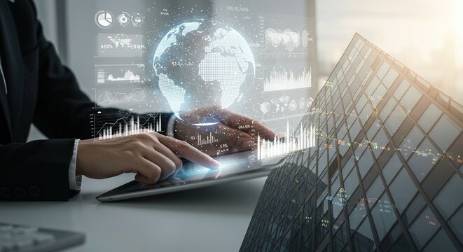 Professional analyzing global financial data on tablet, modern cityscape overlay, future business growth concept.