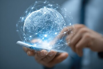 A person's hands hold a phone, a digital earth hologram projects from it