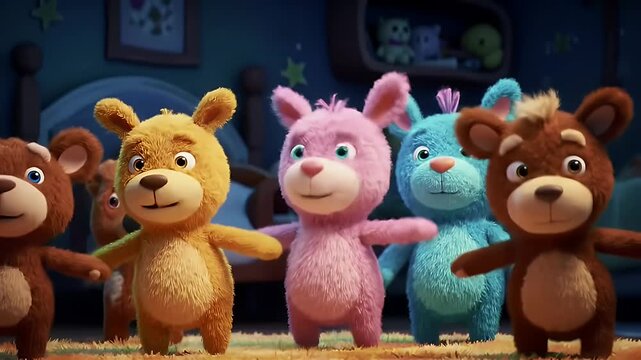 Four colorful plush toys, likely bears and a bunny, in a room