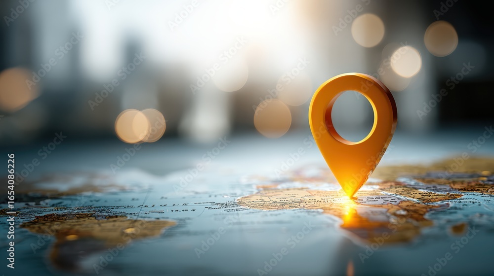 Poster a vibrant location pin highlights a specific spot on a world map, symbolizing navigation and discove