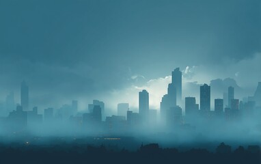 City skyline silhouette with fog and soft lighting creating a mysterious atmosphere at dusk
