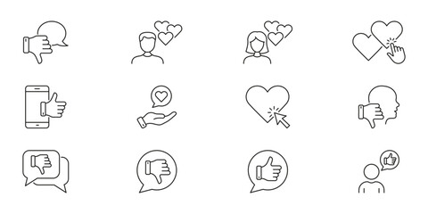 Fototapeta premium Social Media Interaction And Feedback Line Icon Set. User Engagement, Likes, Dislikes, And Communication Outline Symbol Collection. Digital Interaction. Editable Stroke. Isolated Vector Illustration