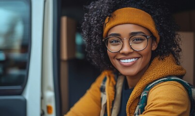 Happy black female delivery driver driving a van to deliver takeaway parcels and packages to homes. Woman driving a removals van for furniture removal and house moving services, Generative AI