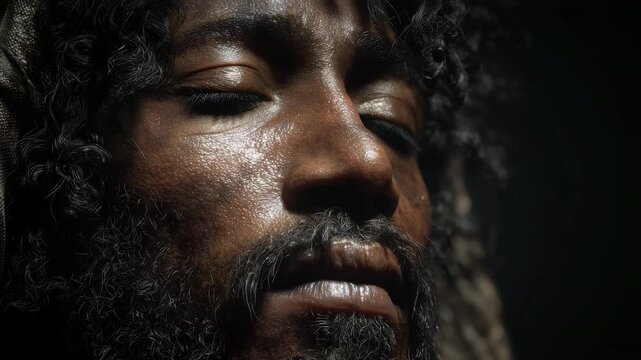 Reverent Black Jesus Christ gazing up at the sky in a dark space with his face lit softly.