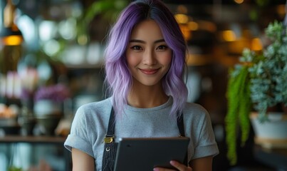 Happy young Asian female hospitality worker with purple hair using a smart tablet at work. Representing Gen Z students using technology devices in a professional setting, Generative AI