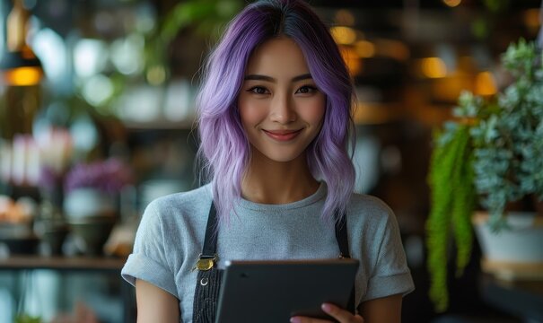 Happy young Asian female hospitality worker with purple hair using a smart tablet at work. Representing Gen Z students using technology devices in a professional setting, Generative AI - Powered by Adobe
