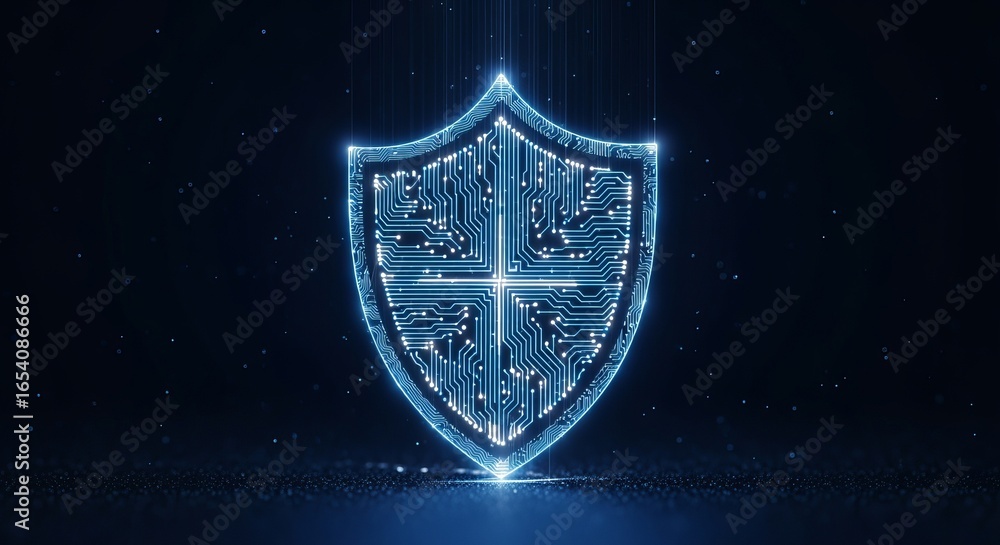Poster digital shield emblem representing cybersecurity data protection network security and digital defens