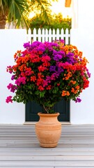 Fototapeta premium Colorful bougainvillea in a terracotta pot on a patio
