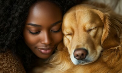Young black woman cuddling a sleepy golden retriever dog at home. Candid African American female hugging a fluffy Labrador. Copy space available, Generative AI