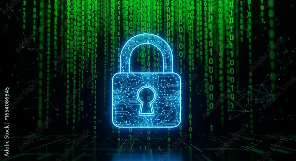 Poster secure digital padlock with glowing blue lock icon representing cybersecurity technology and data pr