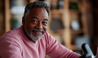 Happy fit and active elderly black man cycling on an indoor fitness bike. Senior African American male pensioner exercising indoors at home to stay fit and healthy, Generative AI