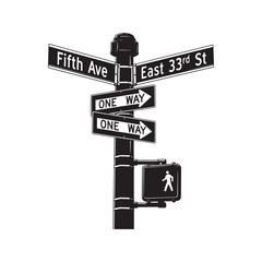 Iconic New York City street sign at the intersection of Fifth Avenue and East 33rd Street, featuring one way and pedestrian crosswalk signals. Black vector silhouette illustration.  © Journey