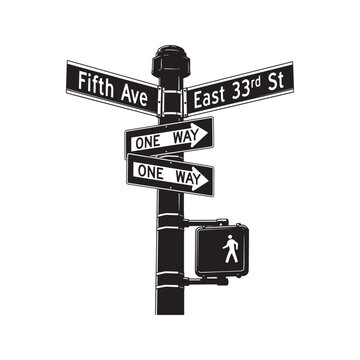 Iconic New York City street sign at the intersection of Fifth Avenue and East 33rd Street, featuring one way and pedestrian crosswalk signals. Black vector silhouette illustration.

