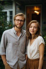 Obraz premium Young caucasian couple smiling outdoors in casual attire