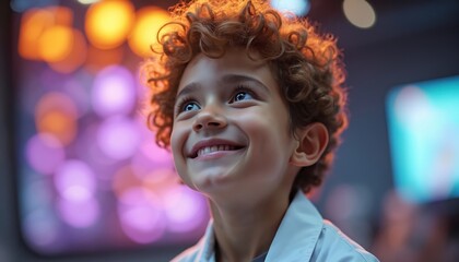Young boy with curly hair smiles in lab coat. He looks up with curiosity and excitement in a modern science lab. His expression suggests discovery and a bright future in innovation and research.