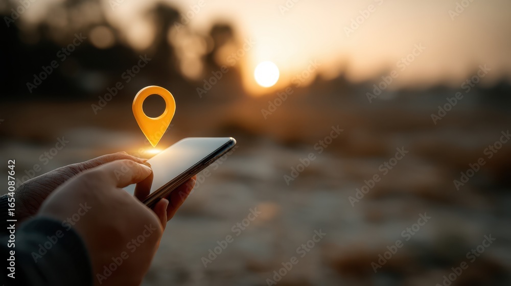 Poster a person holds a smartphone displaying a location pin icon against a sunset background, symbolizing 