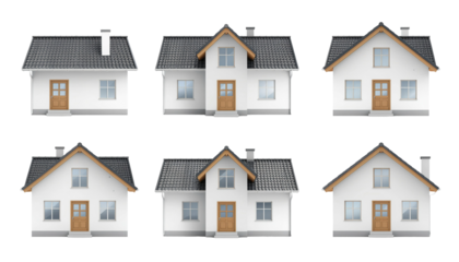 Set of realistic houses, 3D. Real estate, construction, rent, sale, security. 