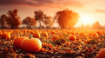 Autumn Pumpkin Patch Sunset Landscape