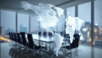 Holographic world map overlayed on a modern office setting