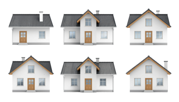 Set of realistic houses, 3D. Real estate, construction, rent, sale, security. 