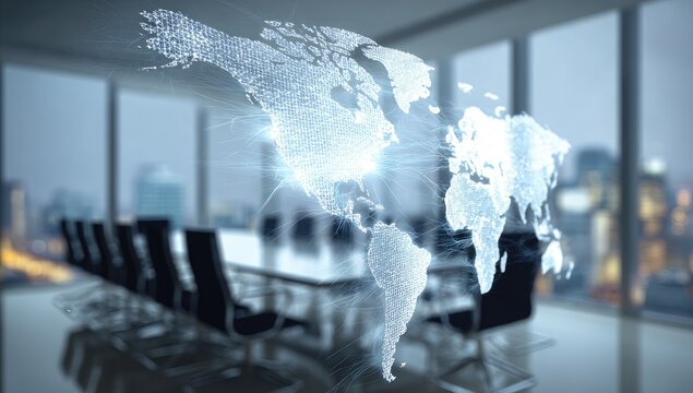 Holographic world map overlayed on a modern office setting - Powered by Adobe