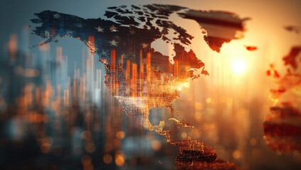 World map overlayed with American flag and financial data, city skyline background