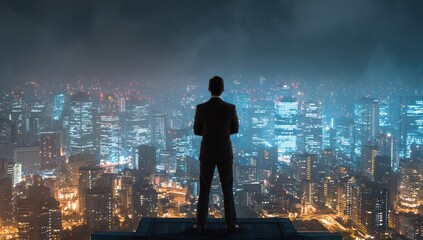 Obraz na płótnie Canvas Businessman overlooking a glittering city at night