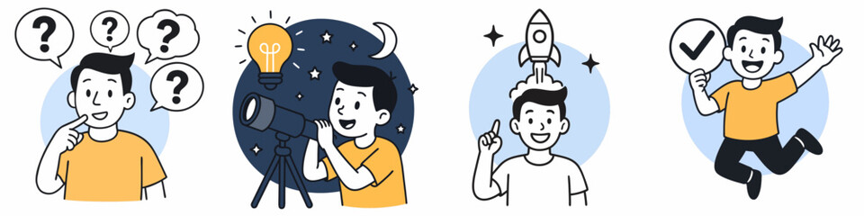 Vector illustration of boy surrounded by questions, looking through telescope, rocket launch from head, jumping with success check mark, theme discoveries and achievements