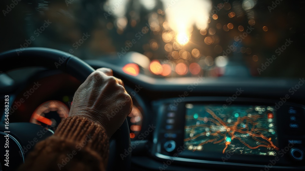 Poster a driver holding the steering wheel, navigating with a digital map displayed on the dashboard, while