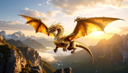 Golden dragon soaring over majestic mountains at sunrise