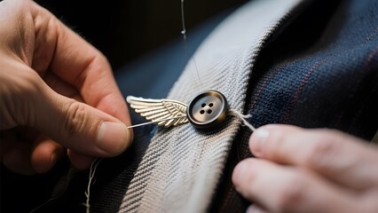 Hands meticulously sewing a decorative button onto a tailored suit jacket