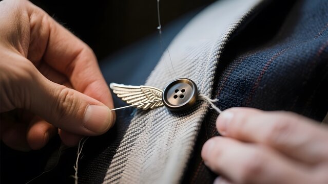 Hands meticulously sewing a decorative button onto a tailored suit jacket