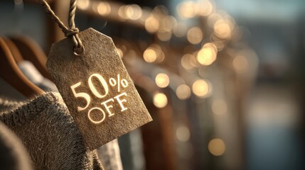A close-up of a sales tag reading "50% OFF" hangs from clothing, with a blurred background of soft, warm lights creating a shopping atmosphere.