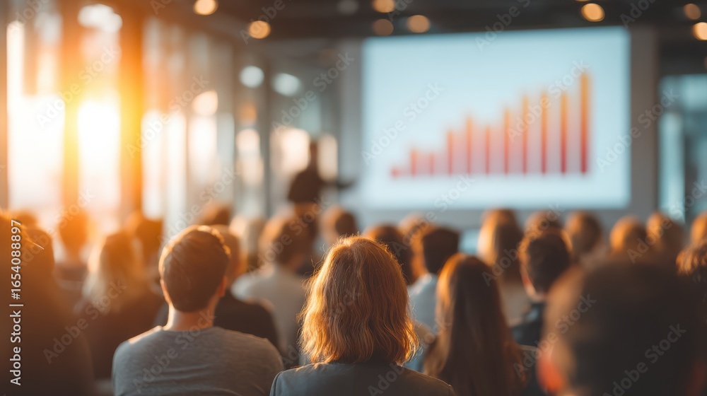Poster a professional audience listens to a presentation in a modern space, illuminated by warm sunlight wi