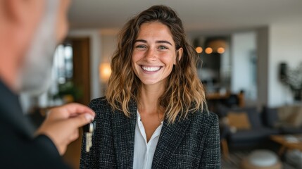 A smiling woman receives keys, symbolizing new beginnings, in a stylish, modern interior setting.