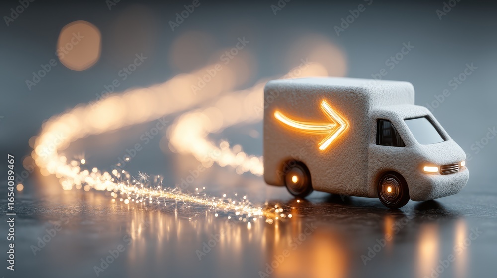 Poster a toy delivery truck emits a glowing arrow and trails sparkling light, creating a whimsical and dyna