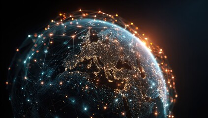 A digital representation of Earth, highlighted by a network of glowing connections