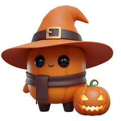 Fototapeta premium Cute Halloween Pumpkin Witch Character with Carved Pumpkin Lantern Illustration 3D Rendering for Holiday Season and Spooky Fun Celebrations