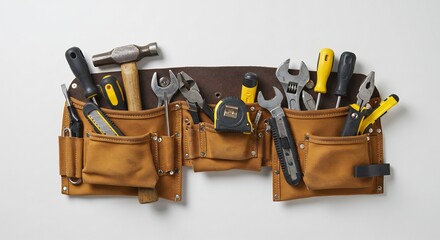 革製工具袋 きれいな光で輝く 様々な工具が整然と並ぶ. AI Generated